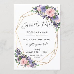 Faire-part de mariage floral violet rose gold géom