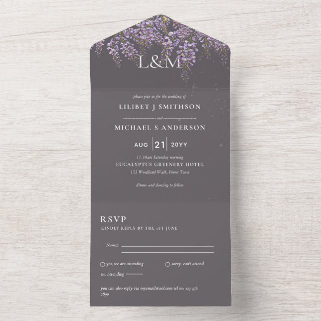 Faire-part de mariage floral Wisteria 3en1 avec RS (À l'intérieur)