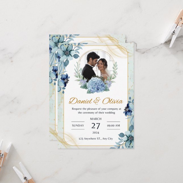 Faire-part de mariage Florale Bleu et Blanc (Devant/Arrière en situation)