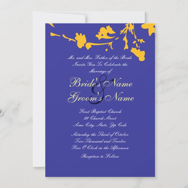 Faire-part de mariage florale bleu et jaune (Devant)