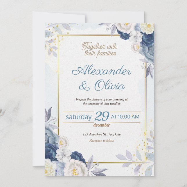 Faire-part de mariage Florale Bleu et Or (Devant)