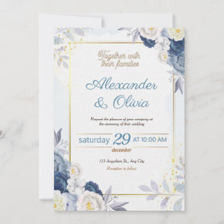 Faire-part de mariage Florale Bleu et Or