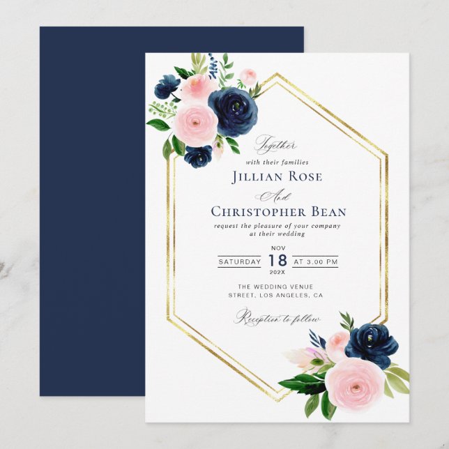 faire-part de mariage florale bleu marine et rouss (Devant / Derrière)