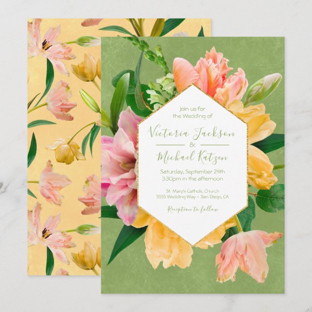 Faire-part de mariage florale brillante et audacie (Devant / Derrière)