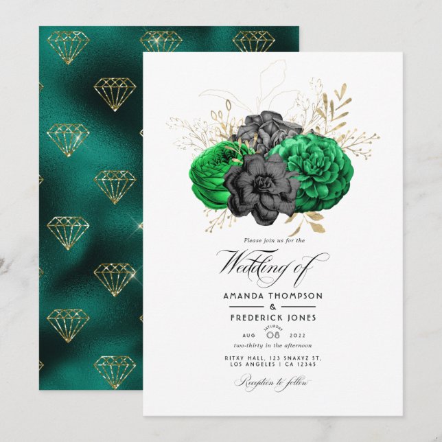 Faire-part de mariage florale d'émeraude foncé et  (Devant / Derrière)