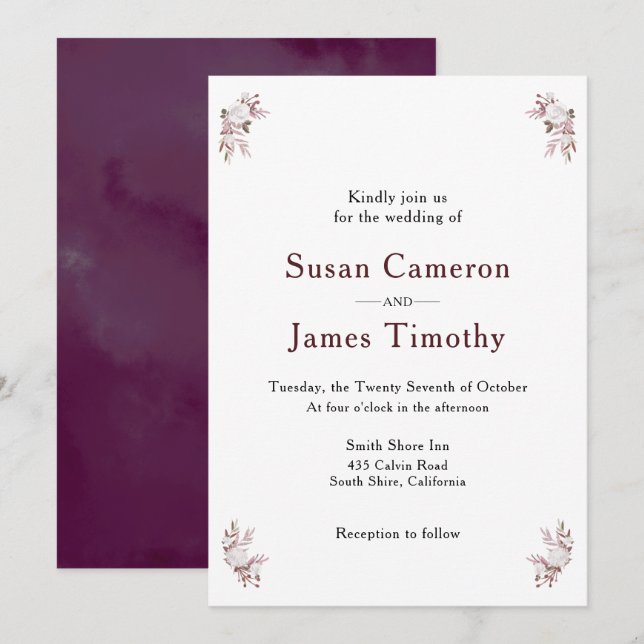 Faire-part de mariage florale mauve et rose pâle (Devant / Derrière)
