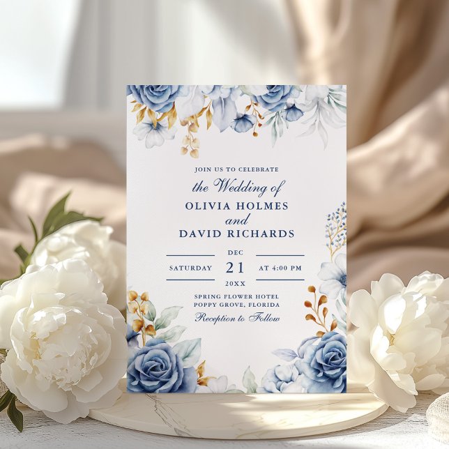 Faire-part de mariage florale moderne bleu et or (Modern Blue and Gold Floral Wedding Invitation on a boho table with white peonies)