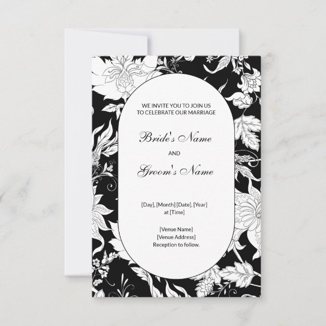 Faire-part de mariage florale noir et blanc (Devant)