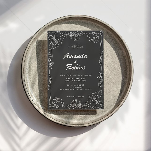 Faire-part de mariage florale noir et blanc (Créateur téléchargé)