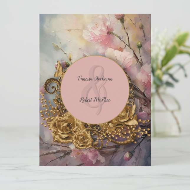 Faire-part de mariage florale peint et or (Debout devant)