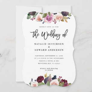 Faire-part de mariage florale rose, bordeaux et fi