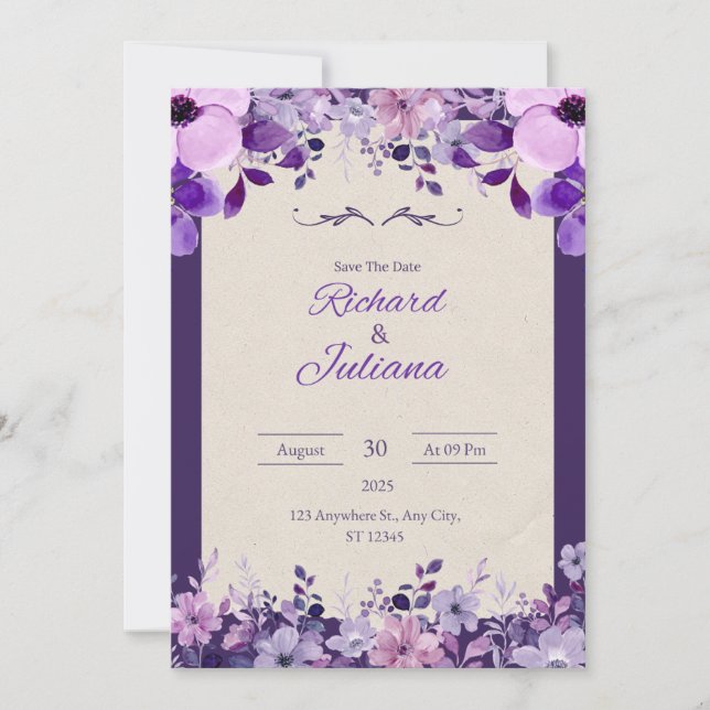 Faire-part de mariage florale rose et violet class (Devant)