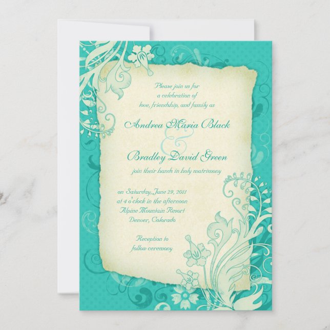 Faire-part de mariage florale turquoise et ivoirie (Devant)