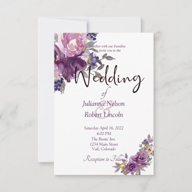 Faire-part de mariage florale violette aquarelle (Devant)