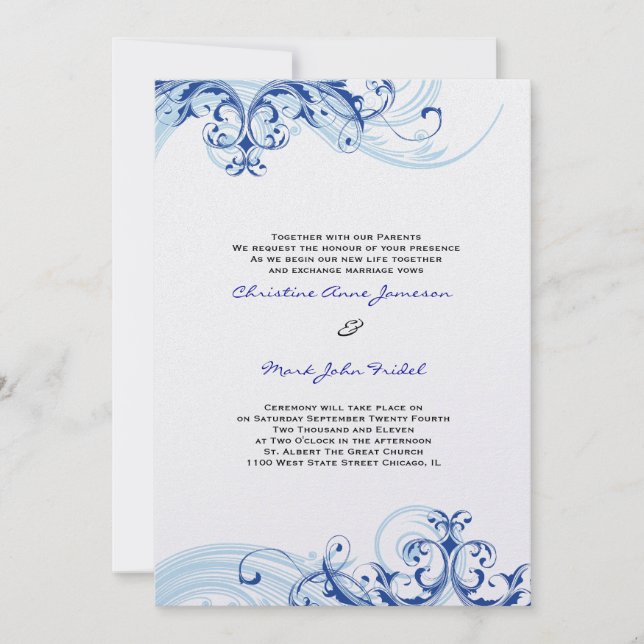 Faire-part de mariage flottant Royal Blue Scroll (Devant)