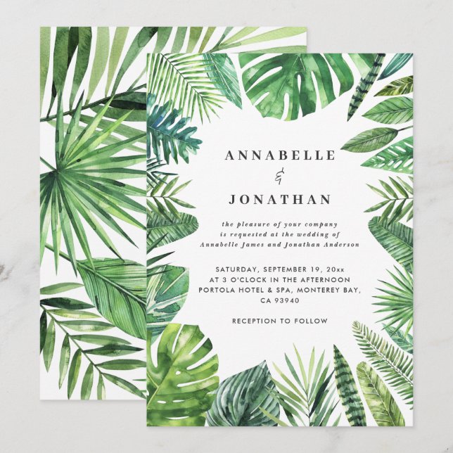 Faire-part de mariage foliaire tropicale en feuill (Devant / Derrière)