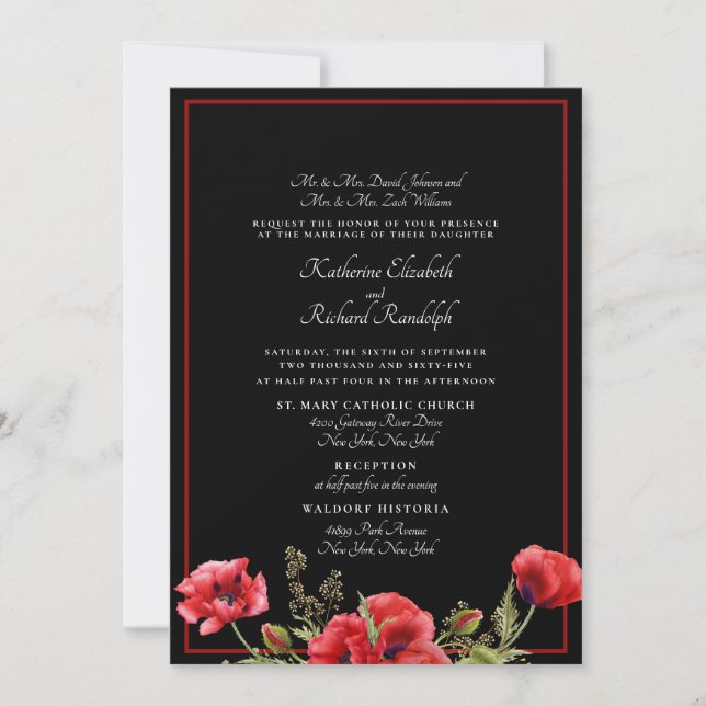Faire-part de mariage Formelle Rouge & Noir Floral (Devant)