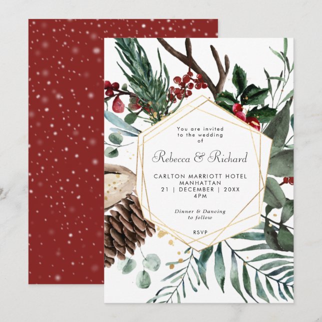 faire-part de mariage géométrique florale hivernal (Devant / Derrière)
