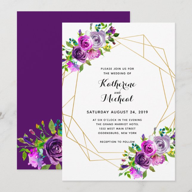 Faire-part de mariage géométrique florale mauve (Devant / Derrière)