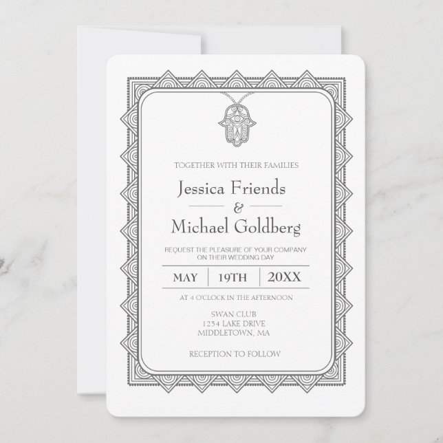 faire-part de mariage géométrique hamsa gris (Devant)