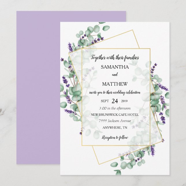 Faire-part de mariage géométrique Lavande Eucalypt (Devant / Derrière)
