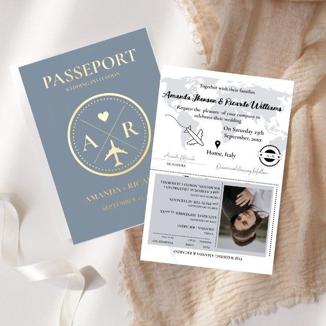 Faire-part de mariage Gold & Dusty Blue Passport (Créateur téléchargé)