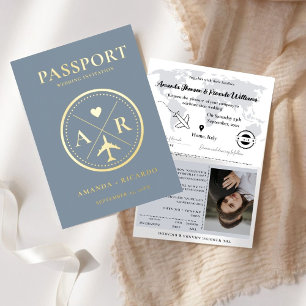 Faire-part de mariage Gold & Dusty Blue Passport