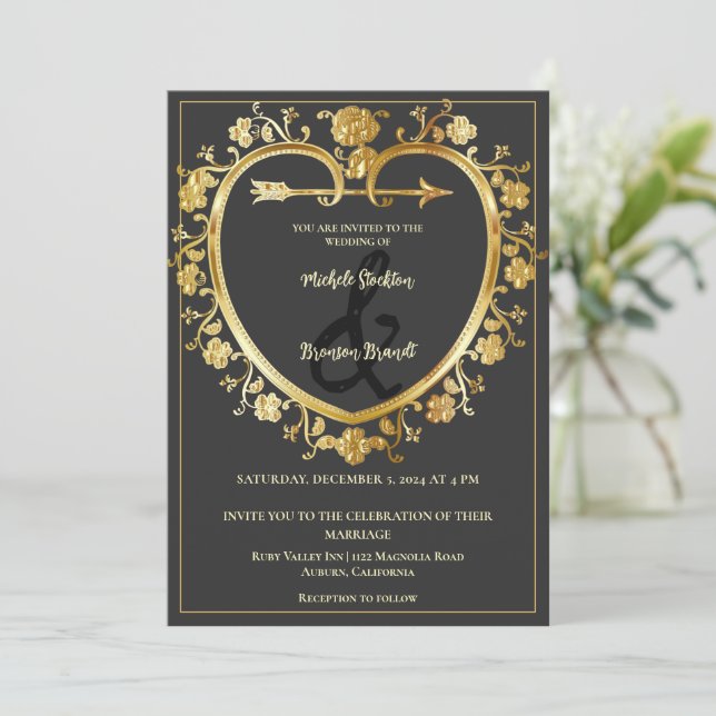 Faire-part de mariage Gold Heart (Debout devant)