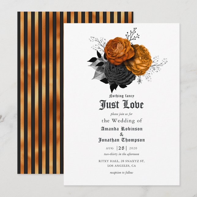 Faire-part de mariage gothique floral noir et oran (Devant / Derrière)