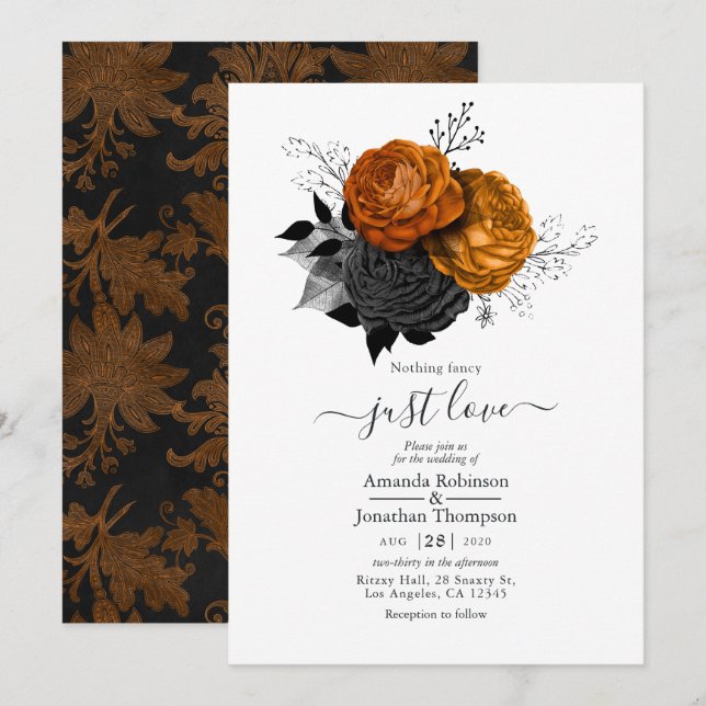 Faire-part de mariage gothique floral noir et oran (Devant / Derrière)