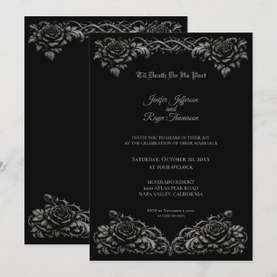 Faire-part de mariage gothique roses noires et bla