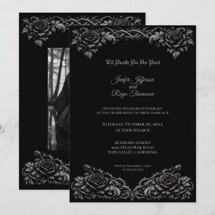 Faire-part de mariage gothique roses noires et bla