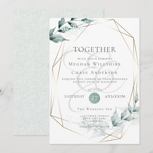 Faire-part de mariage | Grayed Jade Green Botanica (Devant / Derrière)