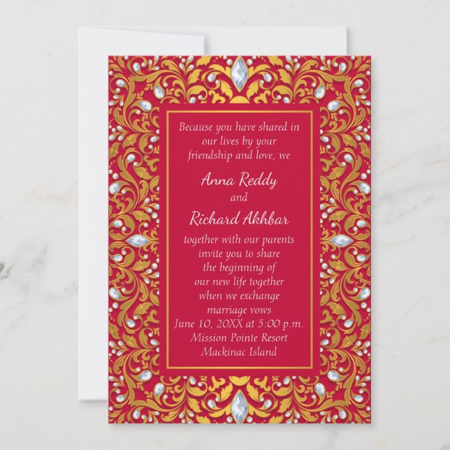 Faire-part de mariage hindou indien rouge et or (Devant)