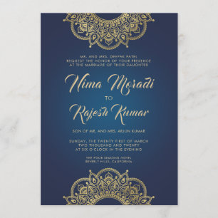 Faire-part de mariage Indien, Bleu, Or, Mandala