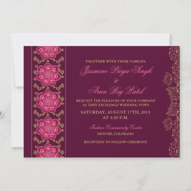 Faire-part de mariage indien Henna Raisin Pink Gol (Devant)