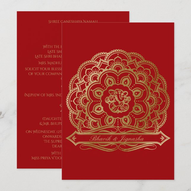 Faire-part de mariage indien Mandala rouge et or (Devant / Derrière)