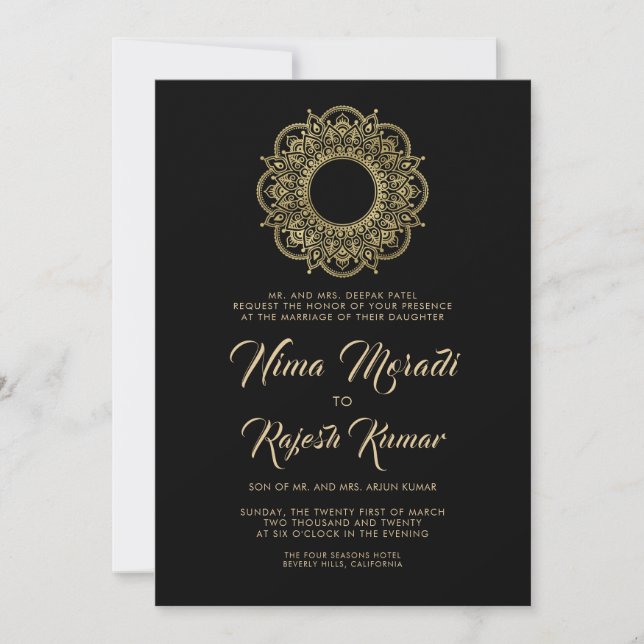 Faire-part de mariage Indien, Noir, Or, Mandala (Devant)