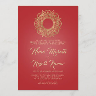 Faire-part de mariage Indien, Or Rouge, Mandala