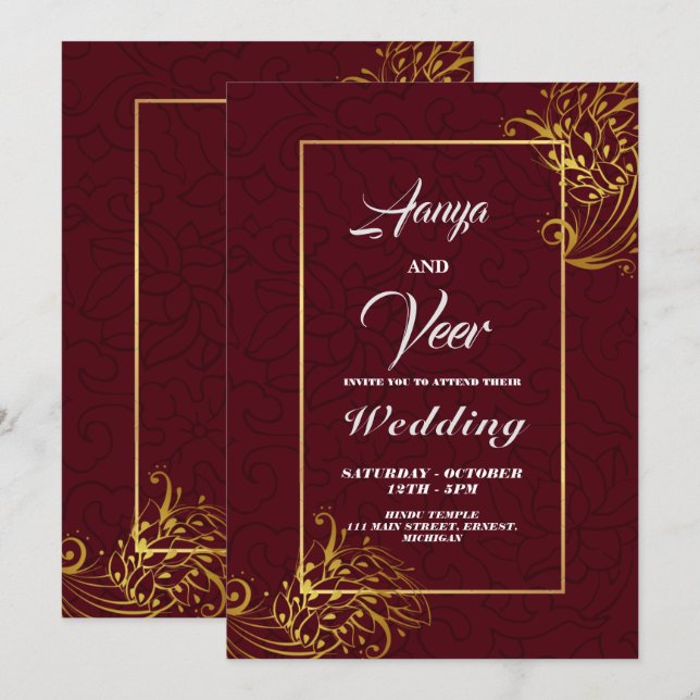 Faire-part de mariage indien Peacock Brown et Gold (Devant / Derrière)