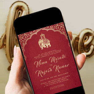 Faire-part de mariage Indien, Rouge, Or, Ganesha I