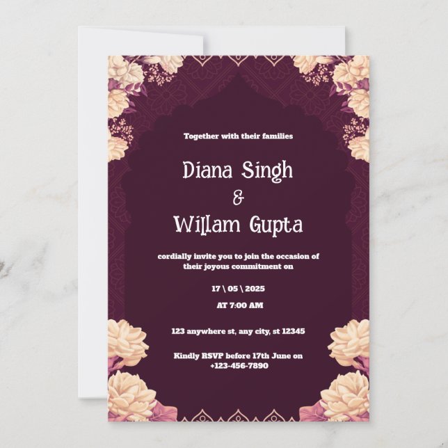 Faire-part de mariage indienne pourpre et crème (Devant)