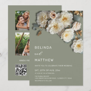 Faire-part de mariage Ivory Roses Fleurs 3D Vert S