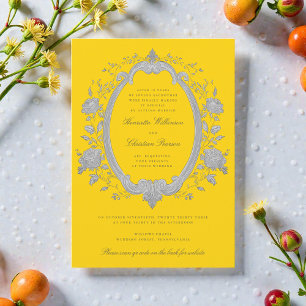 Faire-part de mariage jaune cadre argenté floral v