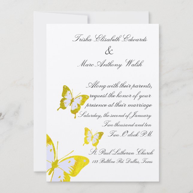 Faire-part de mariage jaune élégant de papillons (Devant)