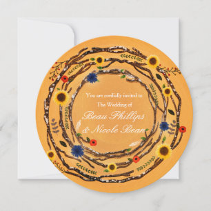 Faire-part de mariage jaune floral et branches rus