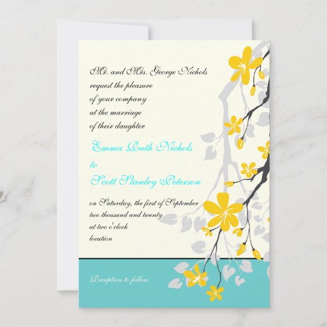Faire-part de mariage jaune turquoise (Devant)