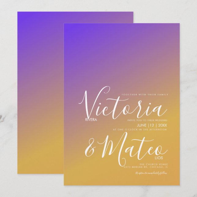 Faire-part de mariage jaune violet Ombre dégradé (Devant / Derrière)