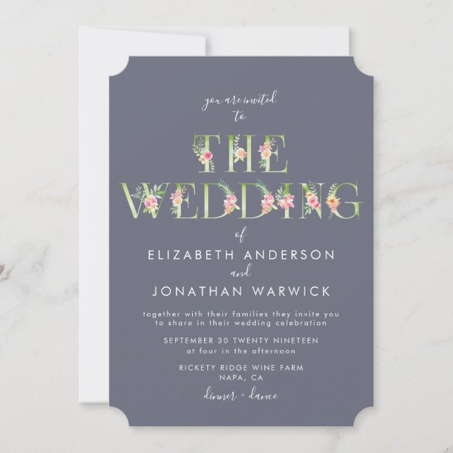 Faire-part de mariage Lettres florales aquarelle (Devant)