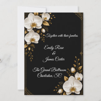 Faire-part de mariage Luxe Orchidée noire, or et b
